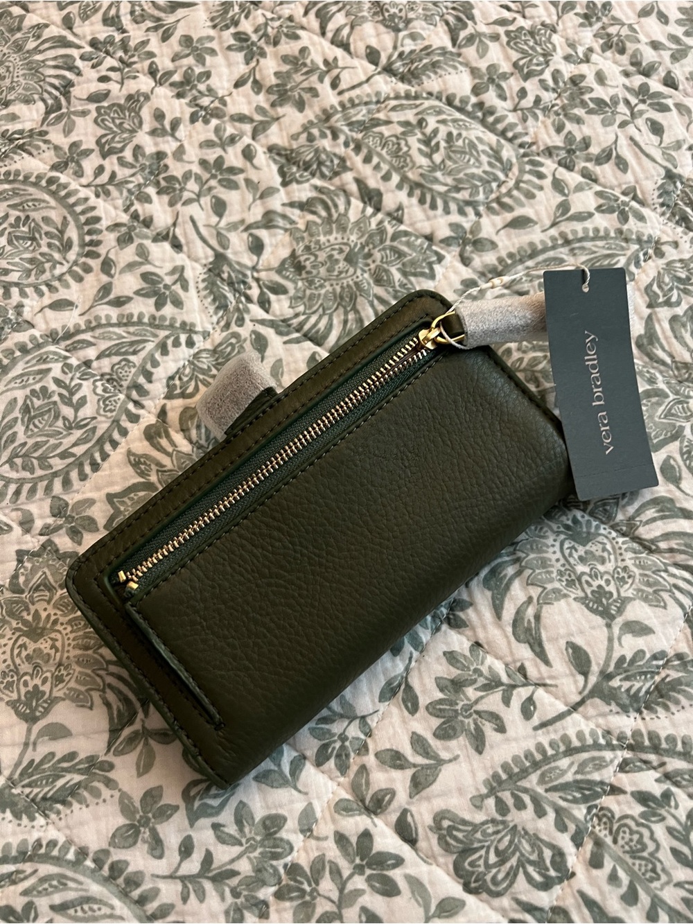Vera Bradley Olive Green Leather Wristlet Key & Card Holder with Gold Hardware